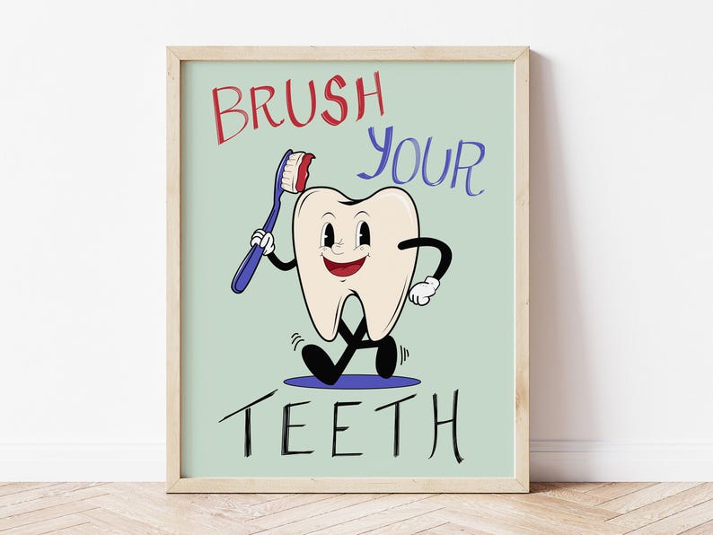 Retro Brush Your Teeth Cartoon Print – Kids Bathroom, Dentist Art ...