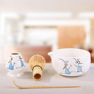 Handgeschilderde cartoon kip matcha bowl set, leuke matcha bowl, aardewerk matcha bowl, cadeaus voor vrienden, matcha cadeauset