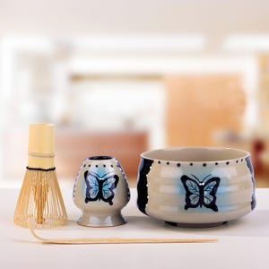 Gothic-Style Matcha Bowl Set, Hand-Painted Butterfly Matcha Bowl, Matcha Gift for Her, Ceramic Matcha Bowl, Matcha Gift Set