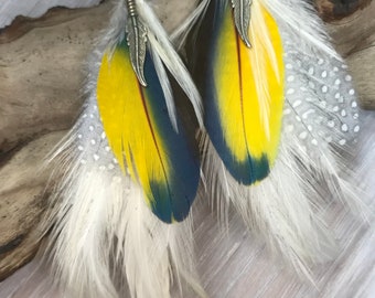 Snowy Sunrise, Long Feather earrings cruelty free feathers with spiral wire wrap...