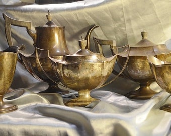 Gorham sterling silver, Plymouth pattern with monogram MCN, Art Deco Sterling Silver Tea and Coffee service set, all stamped sterling silver