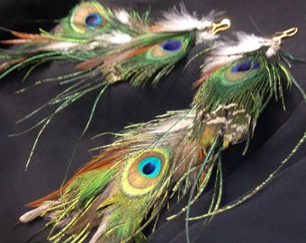 Natural peacock feather earrings, ARTEMIS, 10 inch long feather earrings, cruelty free feathers collected from happy pets #CE4