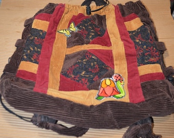 Handmade upcycled corduroy backpack, unique hippie patchwork bag with hand embroidered terrapin station, turtle patch
