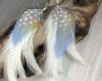 White Feather earrings natural turquoise rainbow colored scarlet macaw feather earrings spiral wire wrap bird friendly hand crafted earrings