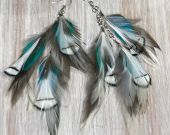 LONG FEATHER EARRINGS, seascape , Blue with White feather earrings made with cruelty free feathers from frogworks feathers