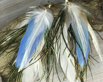 Turquoise blue macaw feather earrings,   long fluffy feathers sky blue macaw feathers, white rooster feathers peacock ferrule feather fluffs