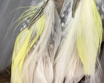 Real feather earrings, special blacklight reactive feather earrings, unique, unusual, & cruelty free feathers from our bird sanctuary