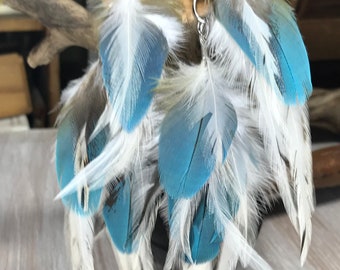 White with blue feather earrings, cruelty free 8  inch long chain feather earrings, cruelty free feathers CE6