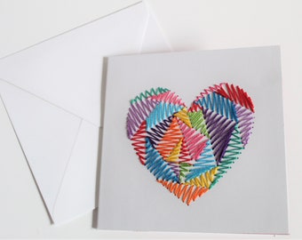 Colourful heart shape handstitched greeting card for anniversaries, weddings, valentine events and more.  Blank for your own message