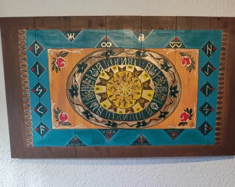 Handgemahlte Mandala, Holzgemälde, Wanddekoration, sakrale Runen-Zauberkraft, Weisheit & Gesundheit
