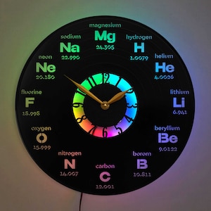 Op de afbeelding: Een zwarte klok met een regenboogkleurige LED-lichtring rond de wijzerplaat. De wijzerplaat toont de chemische symbolen en atoomgewichten van elementen, waaronder neon, natrium, magnesium, waterstof, helium, lithium, beryllium, boor, koolstof, stikstof, zuurstof en fluor.