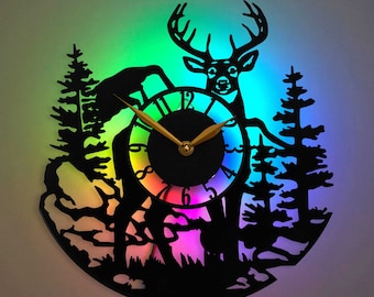 Hunting Clock, Deer Clock for Walls with Led Light, Room Decor for Log Cabin, Farmhouse, Kitchen, Stuff with Elk, Moose