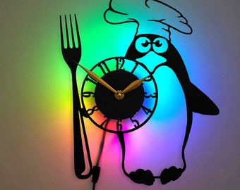 Kitchen Clock, Penguin Clock, Decor for Modern Dining or Living Room, Decorations, Utensils and Cutlery Gifts for Cooks, Bakers and Chefs
