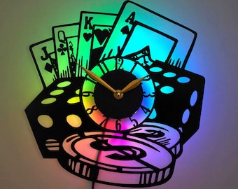 Poker Clock, Cards, Dice, Chips Decor, Gift Idea
