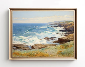 May include: A painting of a seascape with crashing waves against a rocky coastline. The sky is a light blue with white clouds. The water is a deep blue with white foam. The rocks are brown and gray. The painting is framed in a gold frame.