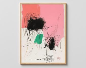 May include: Abstract art print in a natural wood frame. The artwork features a vibrant composition with blocks of coral and pink, contrasted by black and green shapes and delicate black line work. The background is off-white.