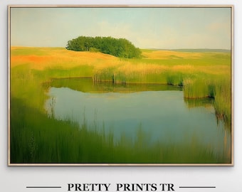 May include: A framed landscape painting depicts a serene marsh scene. The artwork features a pond reflecting the sky, surrounded by tall green and yellow grasses. A cluster of trees sits atop a small hill, under a pale blue sky. The text "PRETTY PRINTS TR" is at the bottom.