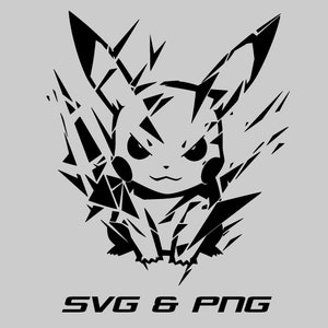 Może przedstawiać: Czarno-biała ilustracja graficzna postaci Pikachu z efektem rozbitego, rozbitego szkła. Tekst "SVG & PNG" znajduje się na dole obrazu.