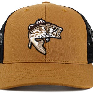 May include: A brown and black trucker hat with a black mesh back. The front of the hat features an embroidered image of a bass fish.