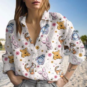 Pooh Piglet Tigger Eeyore Floral Blouse Shirt, Cute Cartoon Friends Blouse Women Shirt, Spring Garden Disney Shirt, Button Shirt