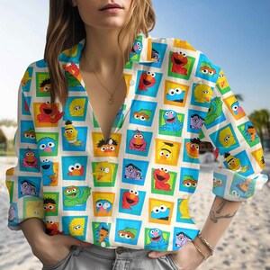The Muppet Blouse Shirt, Disney Muppet Show Blouse Women Shirt, Cute Cartoon Top, Summer Vacation Shirt, Button Up Women Shirt