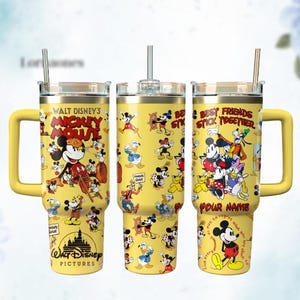 Vintage Mickey Mouse Tumbler 40oz, Yellow Cartoon Cup with Handle, Disney Best Friend Gift, Disney Tumbler 40oz Gift, Gift For Mom