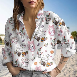 NTN282503A011 Disney Cat and Moana Friends Blouse Shirt, Cute Animal Print Blouse, Floral Cartoon Summer Top Gift for Her, Summer Blouse