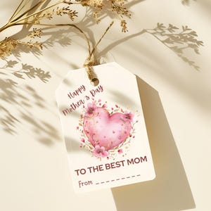 Étiquette cadeau fête des mères motif cœur floral modifiable et personnalisable, étiquette imprimable à offrir
