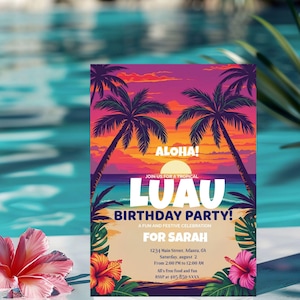 Modèle d'invitation anniversaire Tropicale aloha– thème Luau à Personnaliser,  faire- part fête hawaïenne à imprimer