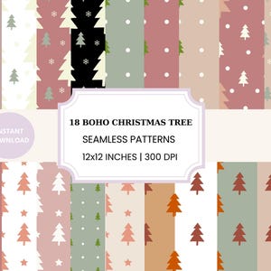 Seamless digital paper with boho Christmas tree patterns, printable designs for gift wrapping and scrapbooking paper