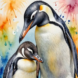 Pinguin mit Küken Kunstdruck | Pinguin Familie Digitaler Download | Süßer Pinguin und Baby | Kinderzimmer Wand Kunst | Druckbares Poster