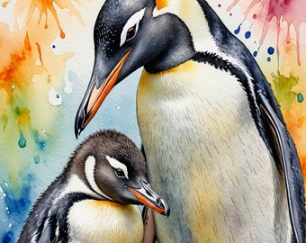 Volwassen pinguïn met kuiken Art Print | Pinguïnfamilie digitale download | Schattige pinguïn en baby | Kinderkamer kunst aan de muur | Afdrukbare poster