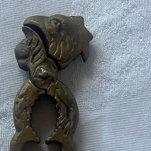 Könnte beinhalten: Ein goldfarbener Nussknacker aus Metall in Form eines Vogels mit filigranen Details. Der Nussknacker ist geschlossen und bereit, Nüsse zu knacken.