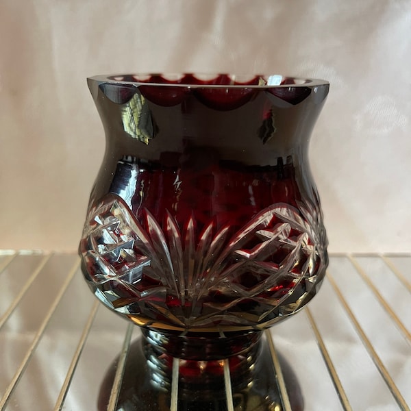 Vintage Bohemian Czech Dark Ruby Art Glass Hand Cut Votive, Tea Light, Vase Art Nouveau Look