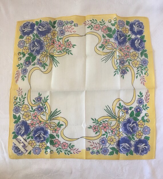 Vintage Hankie Never Used 1950's Yellow Floral De… - image 1