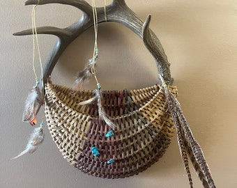 Handcrafted Vintage Wall Pouch with Rare Dark Deer Antler  1970s