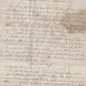 May include: A handwritten letter on aged paper with faded ink. The letter is addressed to "Rohr" in "Stadtisen, jetzt in County, Chie Amerika." The letter discusses a financial matter and mentions a sum of 740 of Fr995 ff.