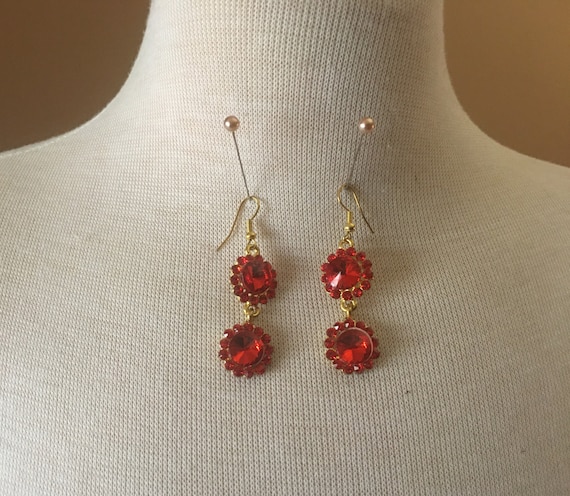 Vintage Dangle, Drop Knockout Red Earrings 1990's - image 2