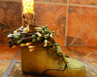 Upcycled Vintage Primitive 1940's Baby Shoe with Candle LIght