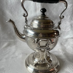 Antique Craftsman Style Tipping Teapot with Wood Handle by Manning, Bowman Quality Silverplate