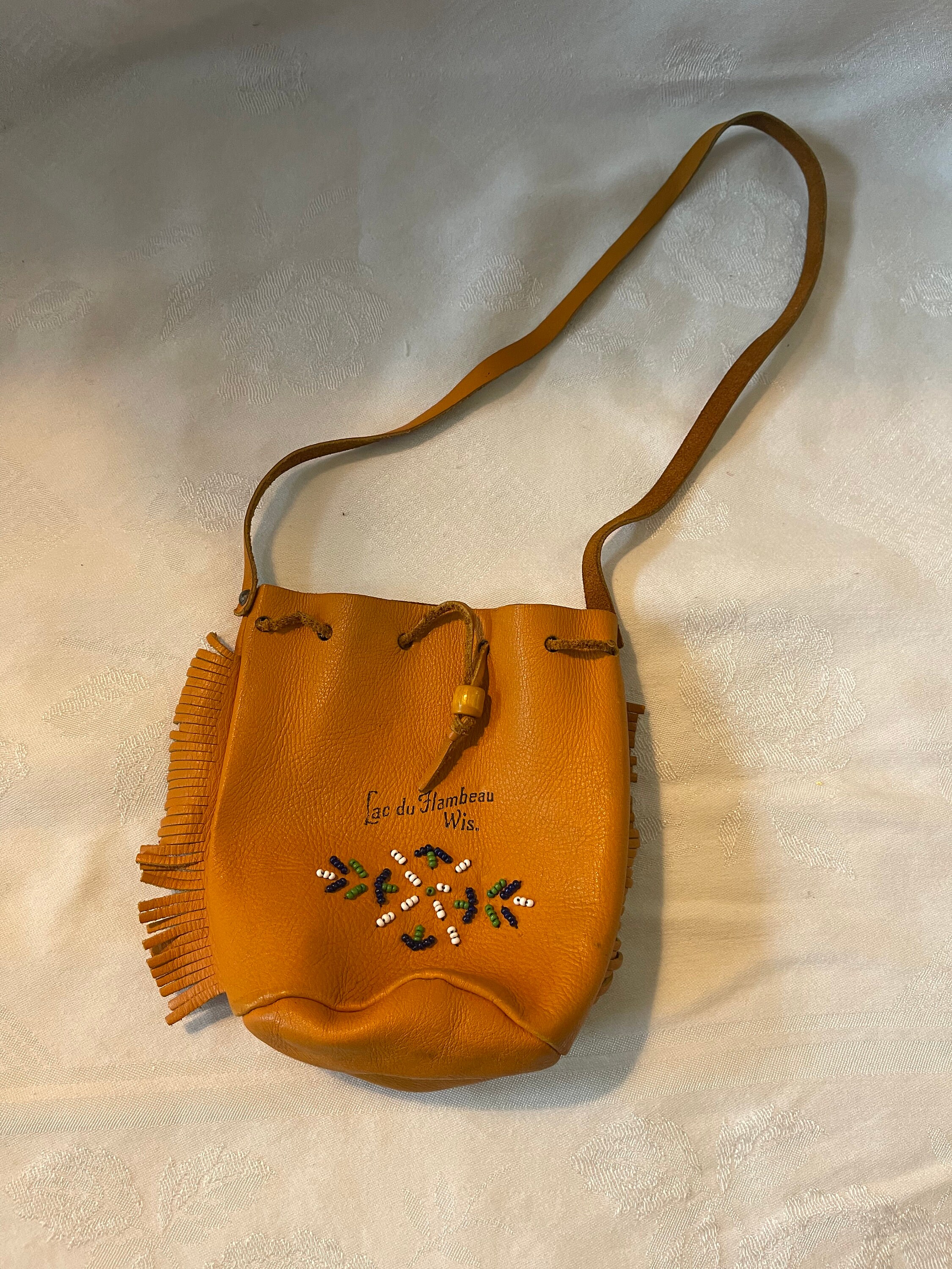 Vintage Souvenir Leather Indian Beaded Drawstring Bag/indian 