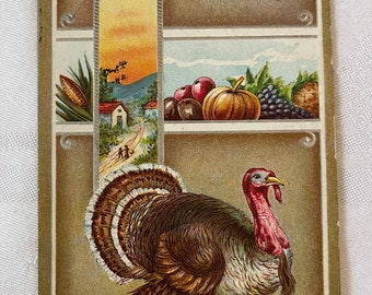 May include: A vintage Thanksgiving postcard featuring a turkey, a sunset scene, and a cornucopia of fruits and vegetables. The text on the postcard reads "Cordial Thanksgiving Greetings".