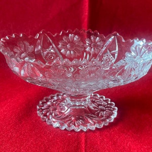 Può includere: Una ciotola in vetro trasparente con piedistallo, con un bordo a festoni e un intricato motivo floreale. La ciotola è su una base a piedistallo con un design floreale simile.
