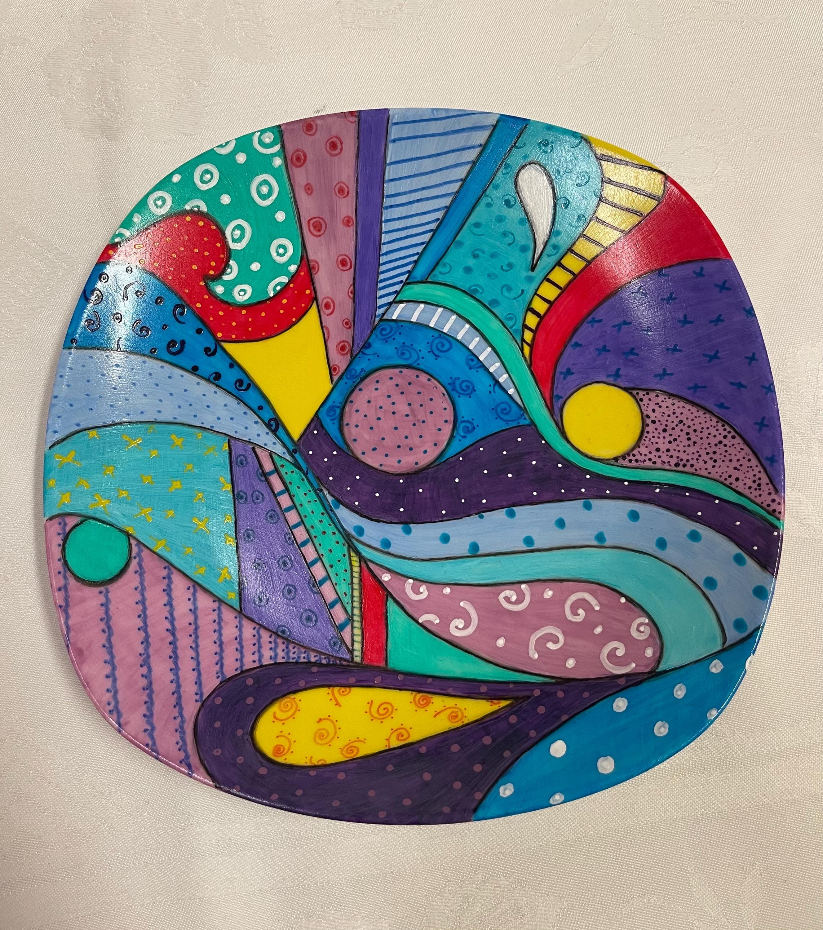 陶板 抽象ART vintage item Vintage Abstract Ceramic Hand Painted Plate - Etsy Israel