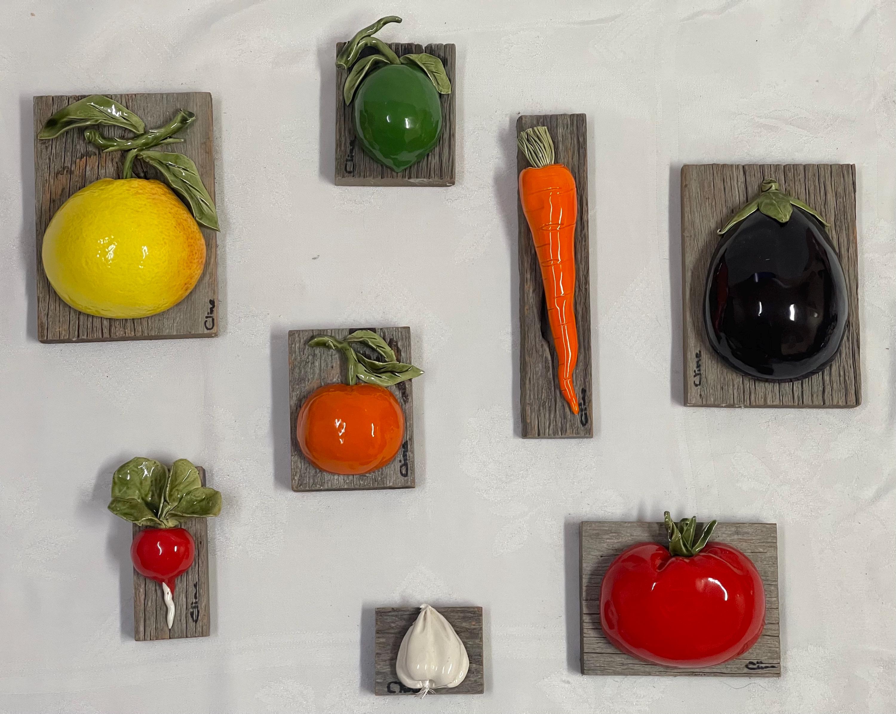 Vintage Free Form Fruit/ Veggies Mounted on Barn Wood by Carol 