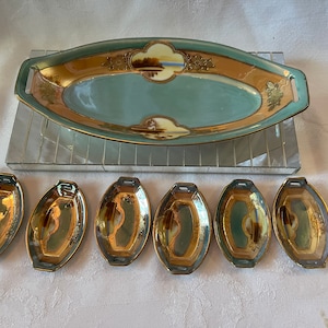 7Er Set Art Deco Luster Ware Vintage 1930er Salz Halter, Salzbehälter, Sellerie Schale Handbemalt und Made in Japan