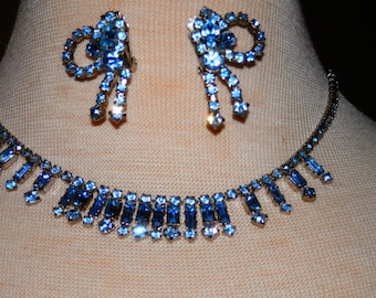 Vintage Retro Light Blue Crystal Rhinestone Necklace and Earring Set