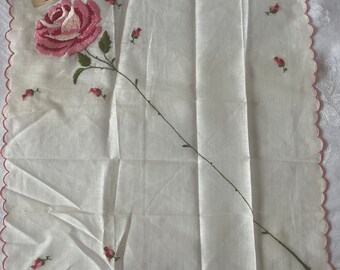 Vintage Women's Handkerchief Cross Stitched Floral Design 1955 made in Switzerland