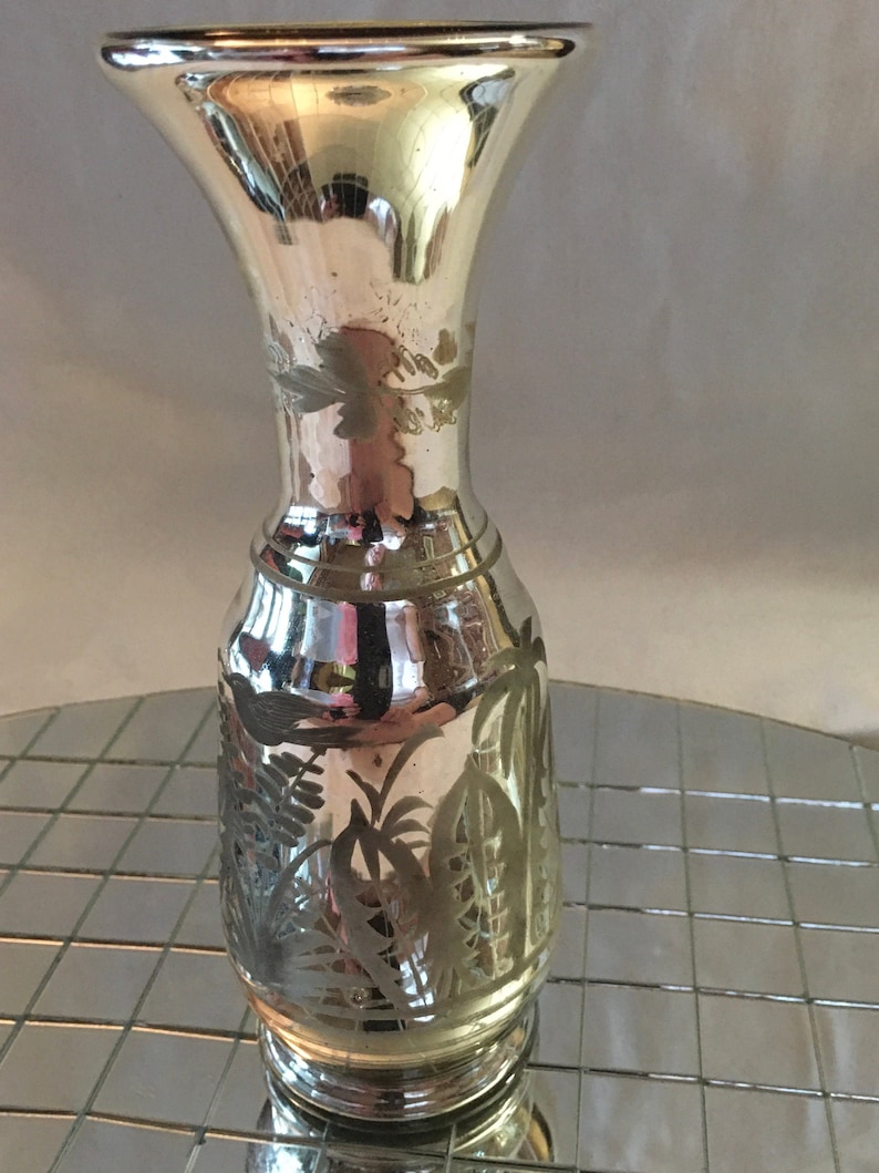 Rare Antique Mercury Glass Footed Vase With Frosted Floral Etsy