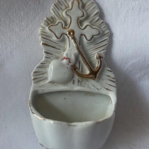 Antique Symbolic Holy Water Font, Stoup in Porcelain Showing Crucifix and Gold Leafing